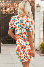 Orange Contrast Trim Floral Split Neck Puff Short Sleeve Tiered Mini Dress
