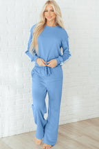 Beau Blue Floral Patchwork Drop Shoulder Pullover and Sweatpants Lounge Set