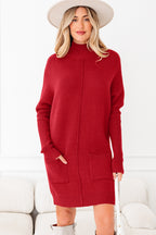 Fiery Red Ribbed High Neck Front Pockets Center Seam Shift Sweater Dress