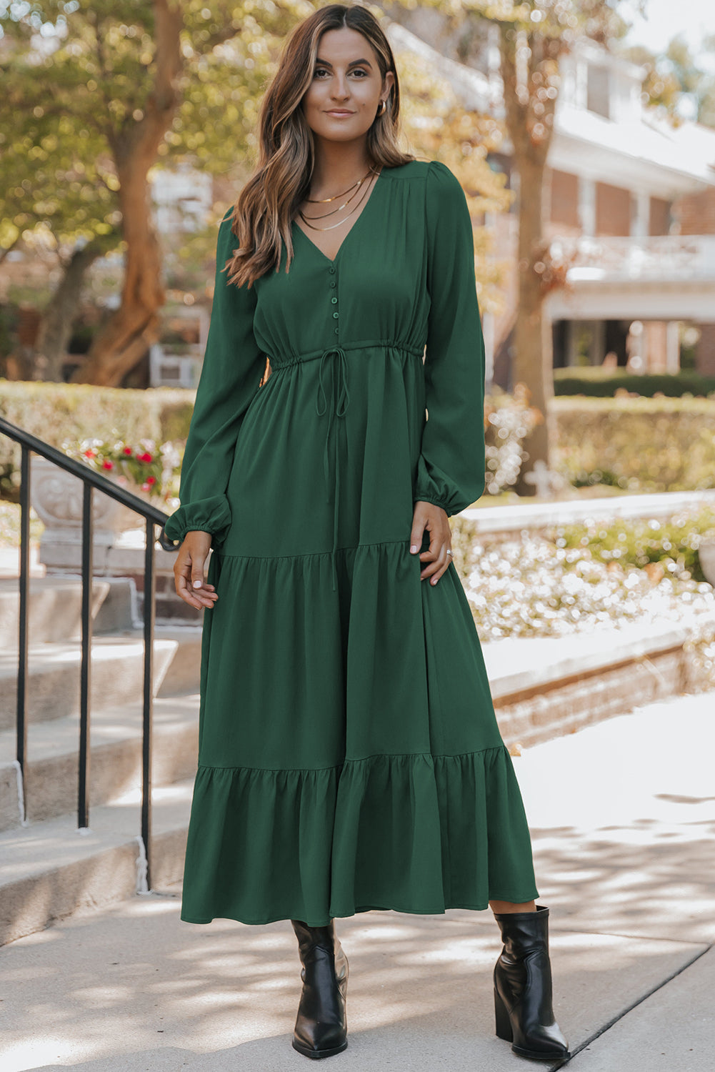 Burgundy Solid Long Sleeve Button V Neck Tiered Maxi Dress