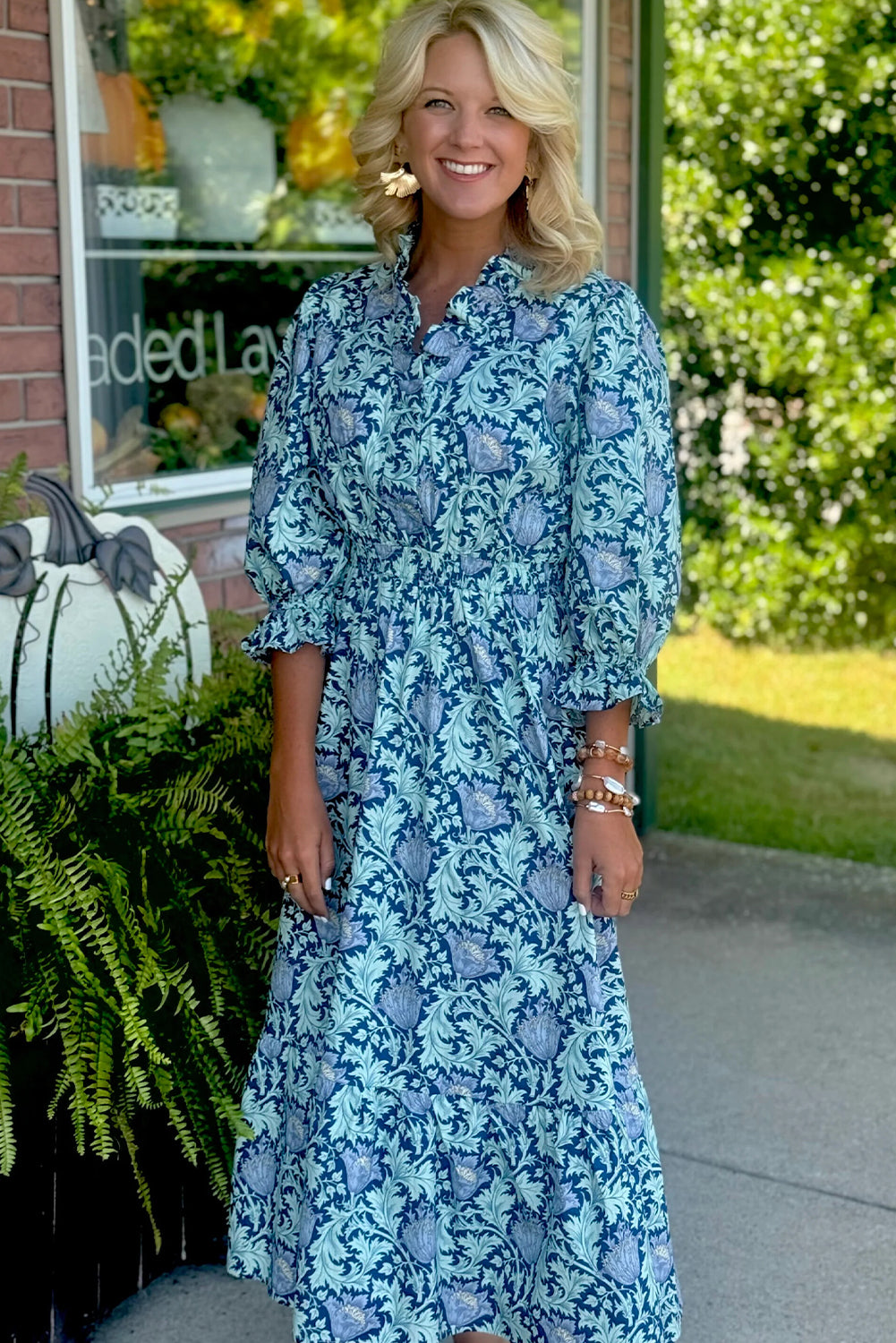 Sky Blue Floral Printed Frilled V Neck Bracelet Sleeve Long Dress