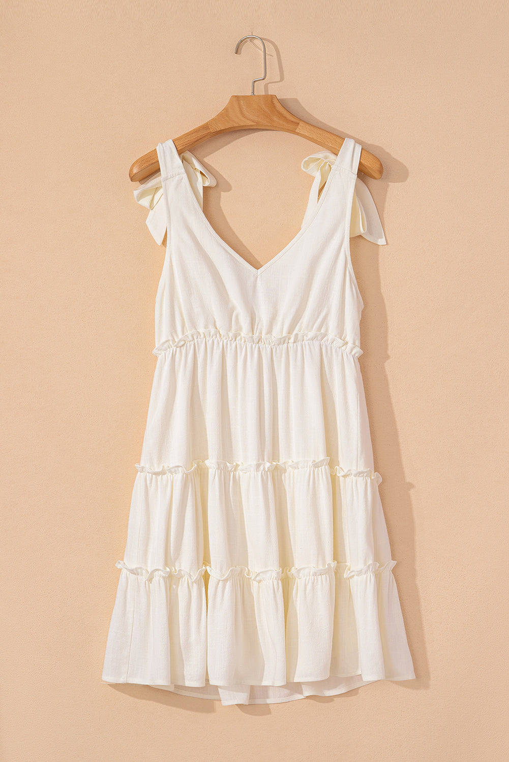 Oatmeal Solid Color Tied Straps Ruffle Tiered Mini Dress