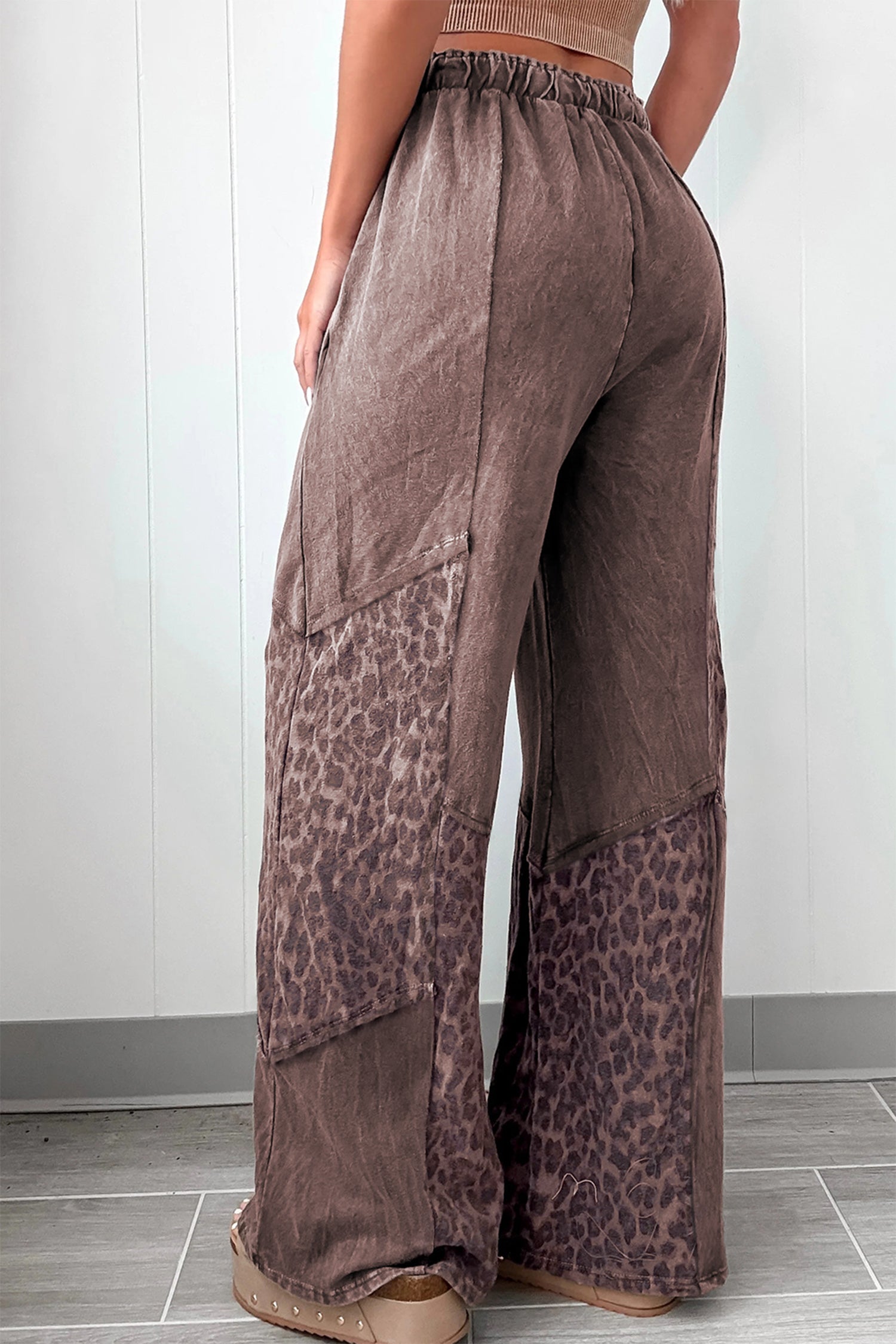 Dark Grey Mineral Wash Leopard Patchwork Loose Pants