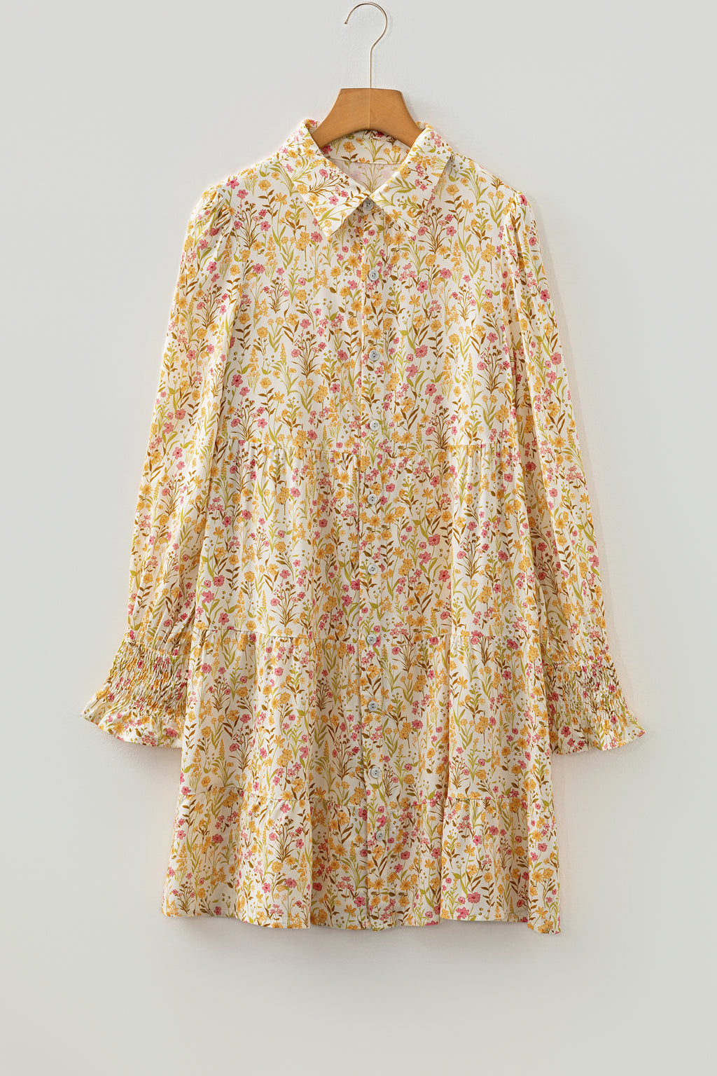 Yellow Floral Print Frilly Trim Smocked Cuff Long Sleeve Loose Shirt Dress