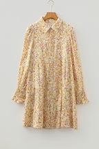 Yellow Floral Print Frilly Trim Smocked Cuff Long Sleeve Loose Shirt Dress