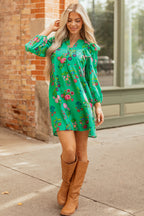 Green Floral Ruffled Three Quarter Sleeve Buttoned Mini Dress