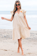 Jet Stream Linen Embroidery Split Neck Pom Pom Ruffle Sleeves Flowy Short Dress