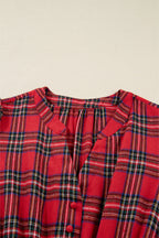 Red Christmas Plaid V Neck 3/4 Sleeve Tie Waist Ruffle Hem Long Dress
