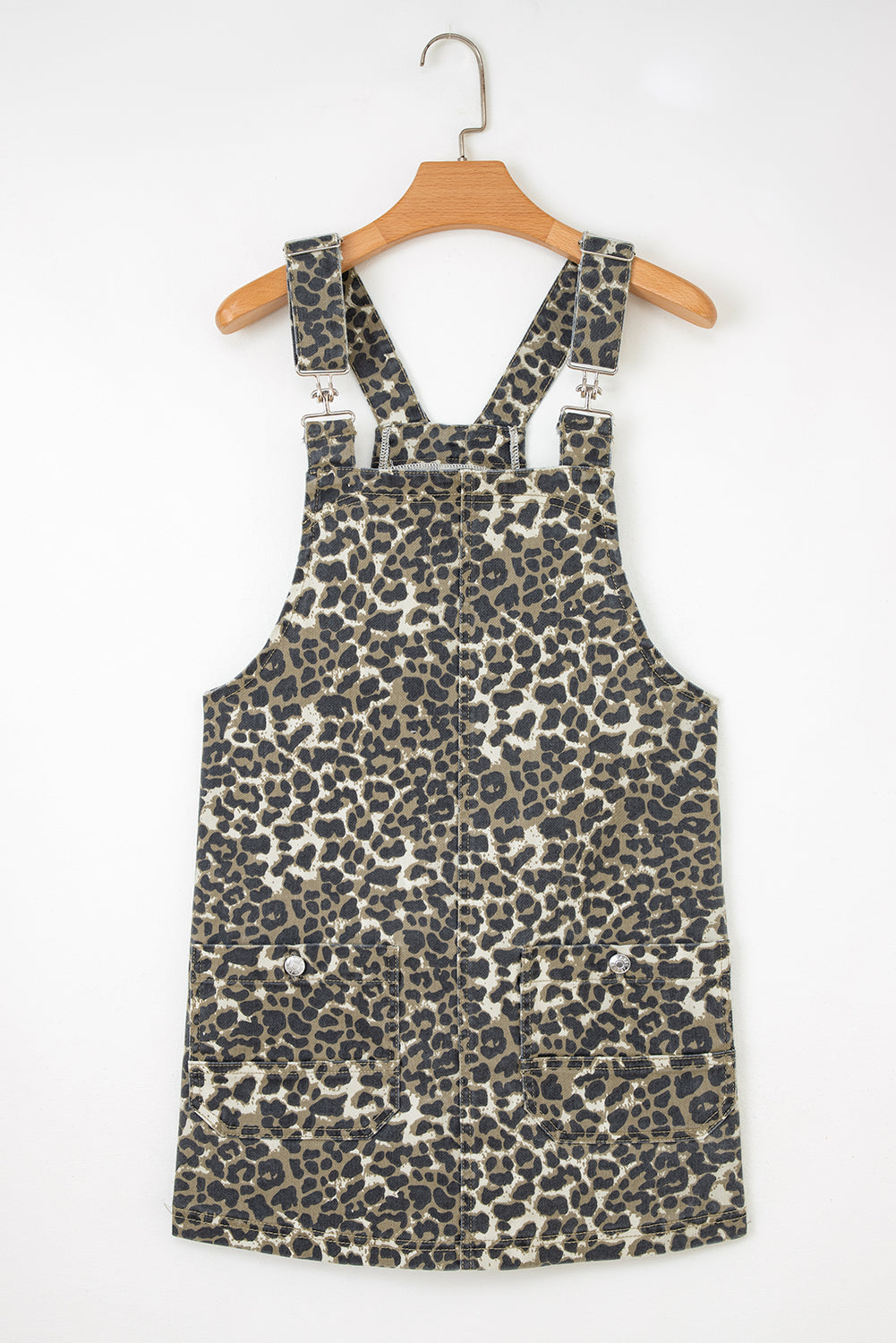 Gray Leopard Print Pocketed Loose Fit Denim Overall Dress