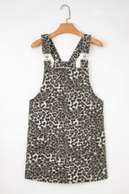 Gray Leopard Print Pocketed Loose Fit Denim Overall Dress