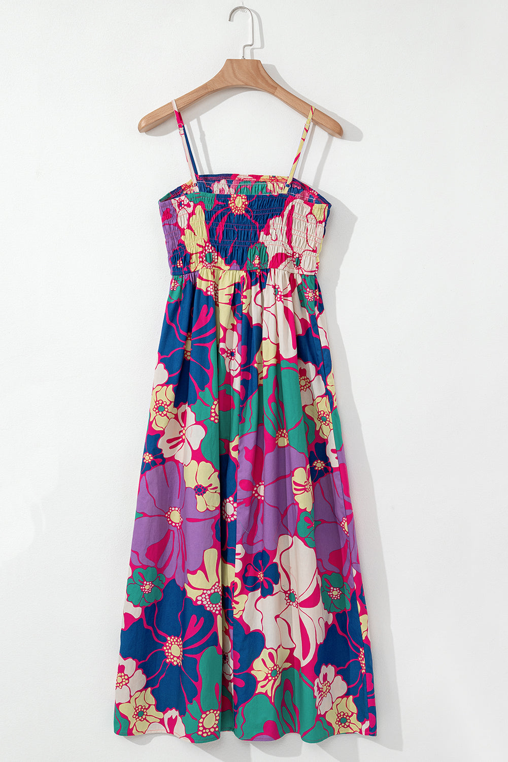 Purple Floral Print Shirred Spaghetti Strap Loose Maxi Dress