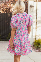 Pink Floral Collared Half Placket Short Sleeve Loose Dress