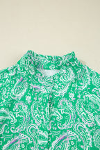 Green Paisley Print Long Sleeve Button Front Tied Waist Mini Dress