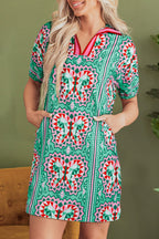 Mint Green Geometric Butterfly Print Split Neck Short Sleeve Dress