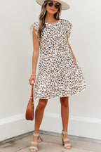 Khaki Leopard Ruffled Flutter Sleeve Keyhole Back Mini Dress