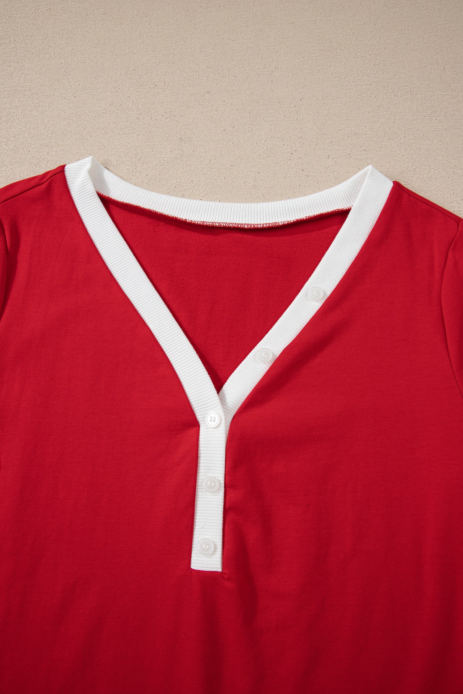 Fiery Red Contrast Trim Button V Neck Ribbon Bow Knot Waist 2pcs Lounge Pant Set