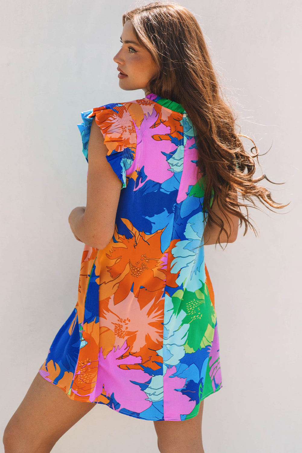 Blue Bold Floral Flutter Sleeve Shift Mini Dress with Pockets