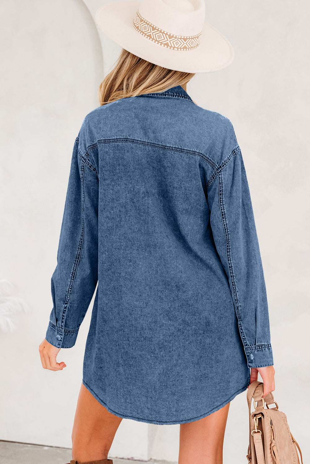 Beau Blue Chest Pocket Raw Hem Denim Loose Shirt Dress