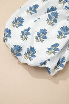 Sky Blue Floral Puff Sleeve Tied Neck Pocketed Mini Dress