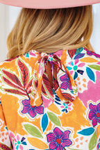 Pink Floral Print Lace Trimmed Tie Back Bell Sleeve Swing Mini Dress