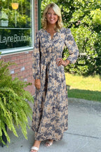 Sky Blue Floral Print Smocked High Waist Long Sleeve Maxi Dress
