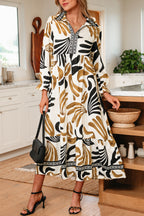 Brown Tropical Printed Contrast Trim Neck Long Sleeve Ruffle Hem Dress