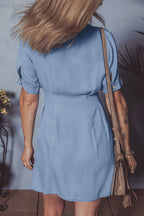 Myosotis Denim Pleated Slim Waist Short Sleeve Shirt Dress