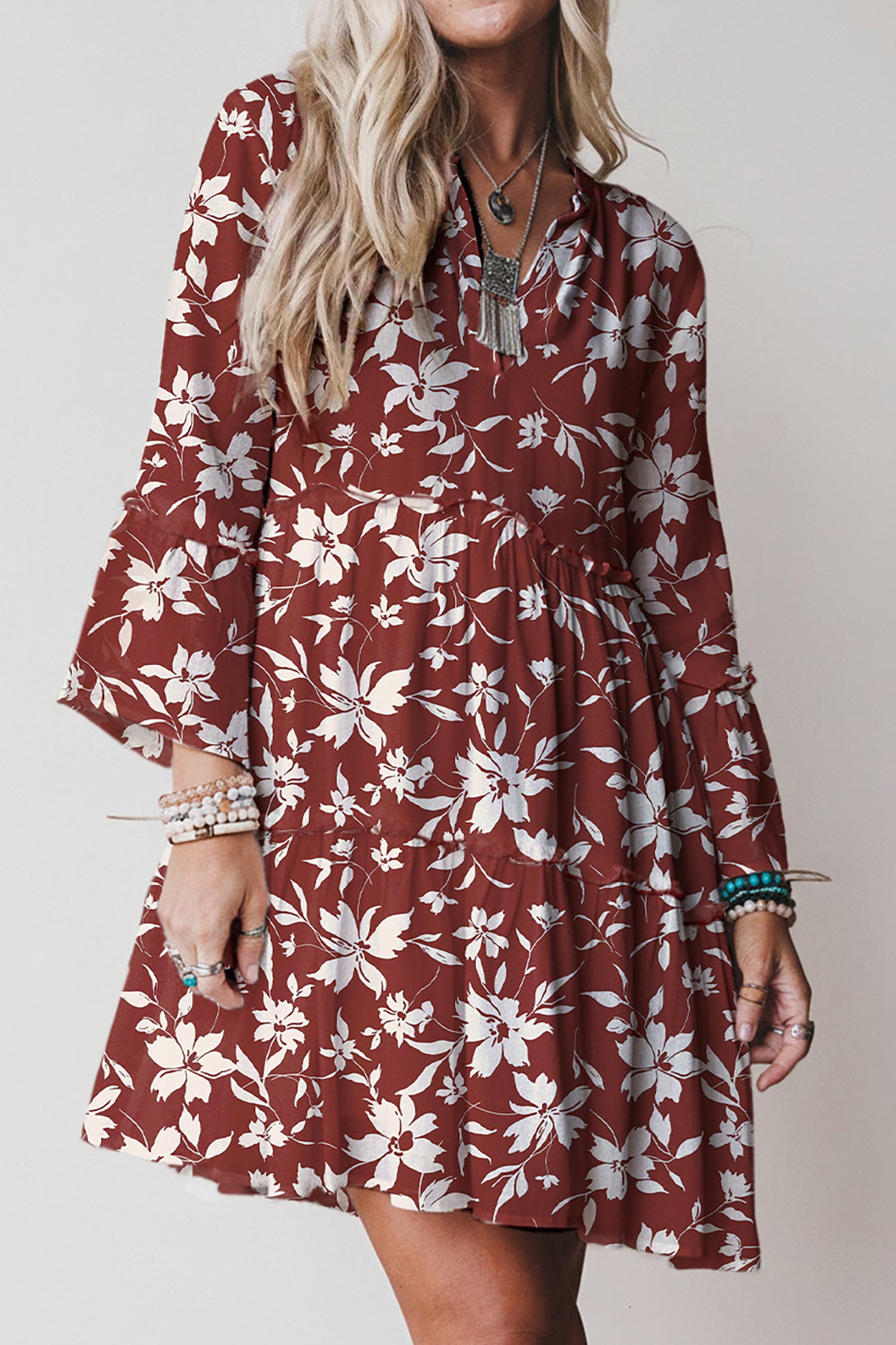 Red Boho Floral Print Lettuce Trim 3/4 Sleeve Mini Dress
