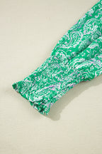 Green Paisley Print Long Sleeve Button Front Tied Waist Mini Dress