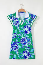 Bright Green Contrast Floral Print Collared V Neckline Ruffled Cap Sleeve Shift Dress with Pockets