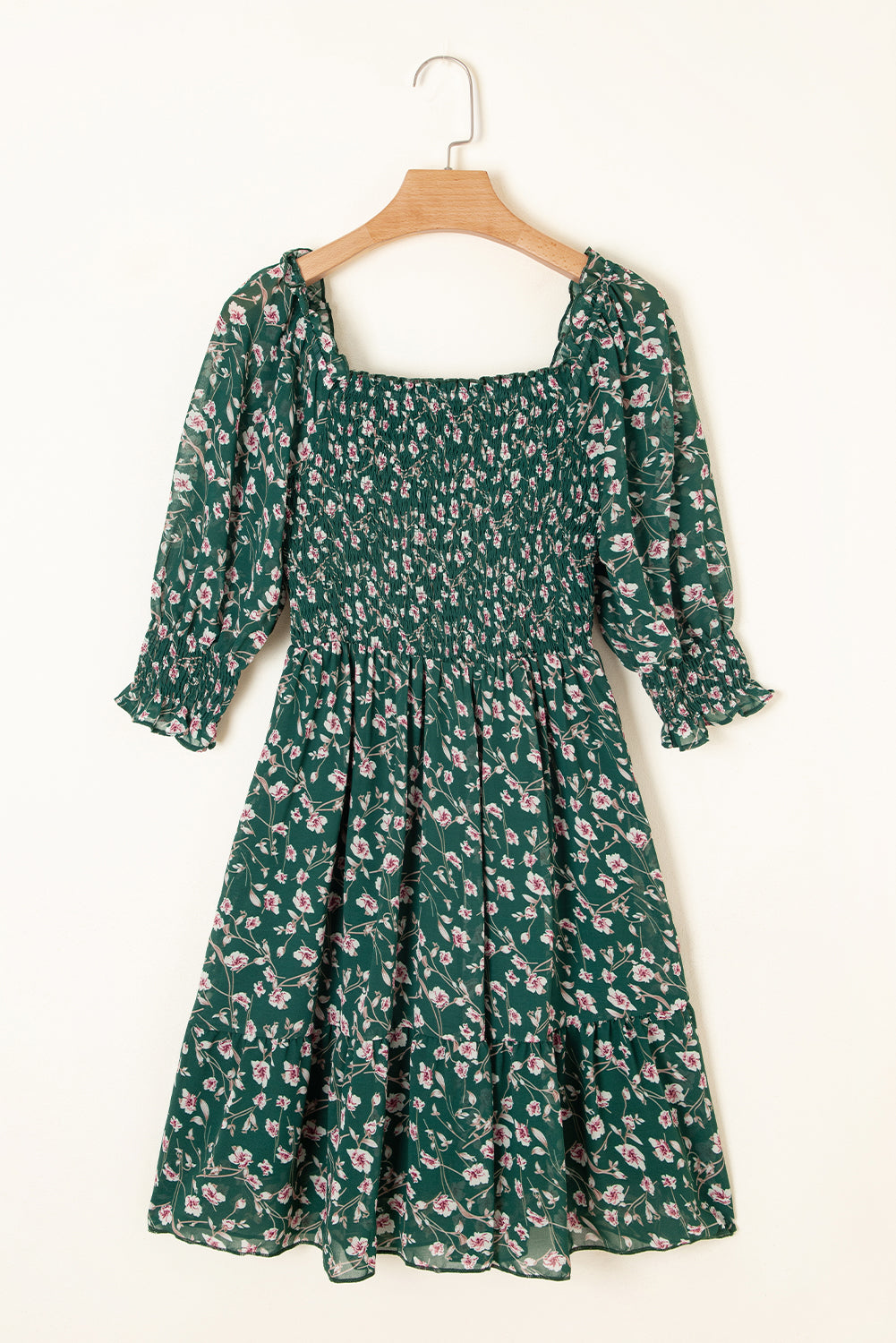 Green Smocked Square Neck Puff Short Sleeve Floral Dress
