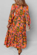 Orange Floral Puff Sleeve Smocked Bodice Ruffled Long Dress