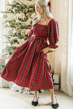 Red Tartan Plaid Square Neck Puff Sleeve Knot Waist Flared Midi Dress
