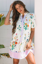 White Floral Print Contrast Striped Patchwork Short Puff Sleeve Dress