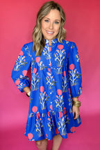 Blue Floral Print Button Detail 3/4 Puff Sleeve Ruffle Hem Dress