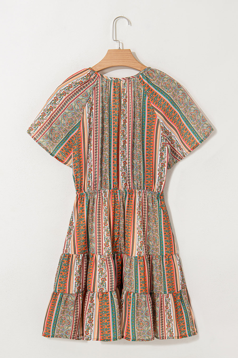 Red Bohemian Floral Print Buttoned V Neck Ruffle Tiered Dress