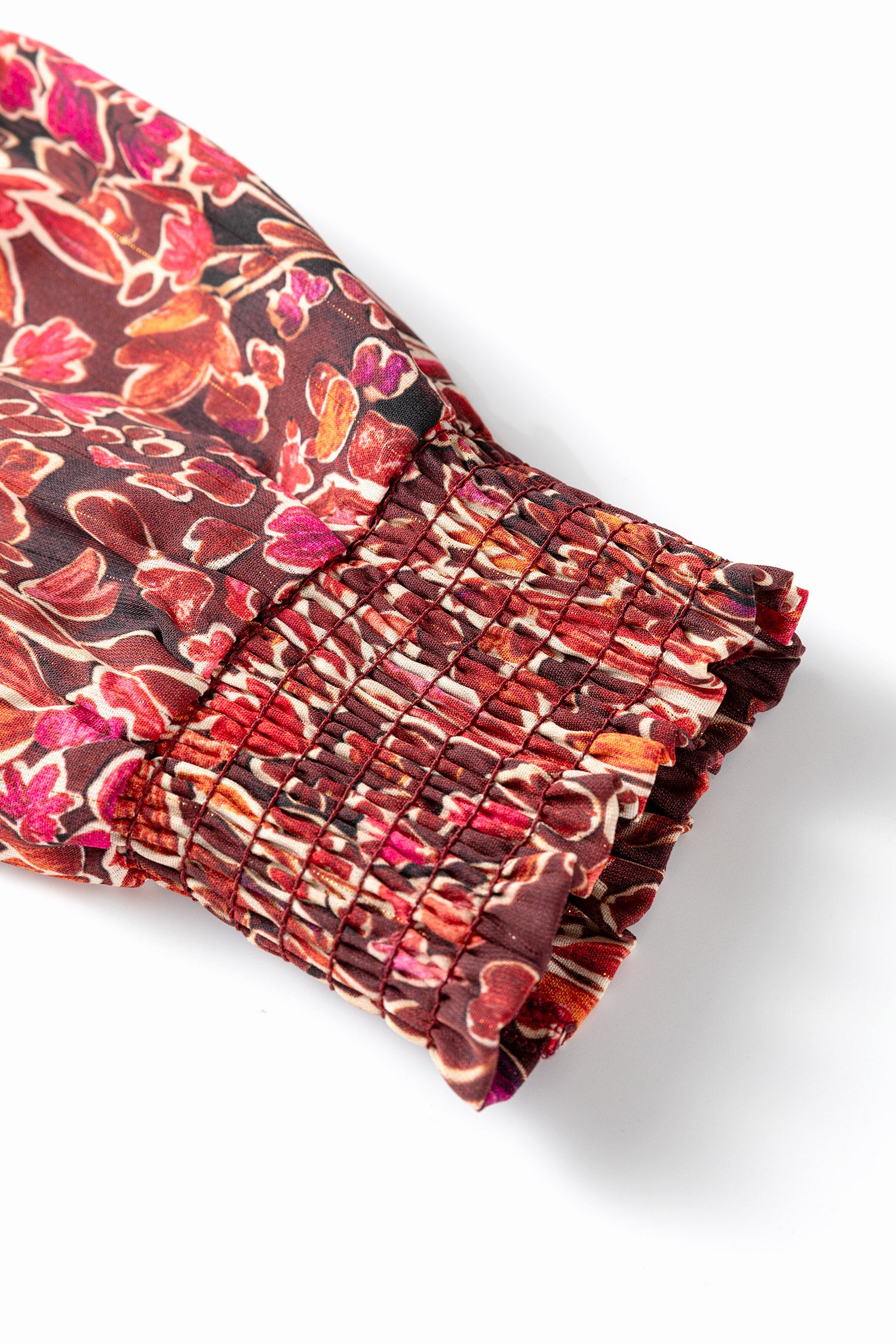 Red Floral Print Long Sleeve Shirred High Neck Loose Mini Dress