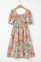 Apricot Pink Floral Smocked Bust Bubble Short Sleeve Maxi Dress