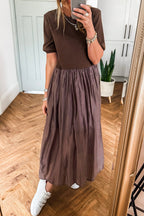 Coffee Short Sleeve Knit Top Patchwork Pleated Long Dress