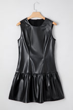 Black Faux Leather Ruffle Hem Sleeveless Mini Dress