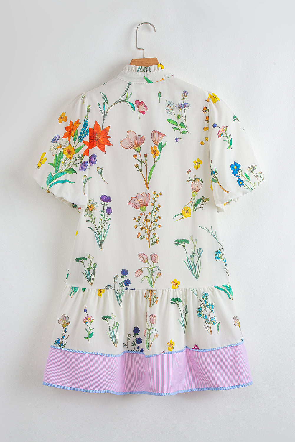 White Floral Print Contrast Striped Patchwork Short Puff Sleeve Dress