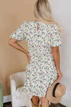 Beige Floral Puff Short Sleeve Empire Waist Mini Dress