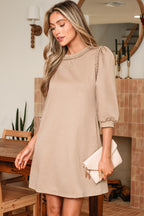 Light French Beige Braided Trim Puff Sleeve Dress