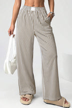 Brown Stripe Elastic High Waist Pocketed Loose Pants