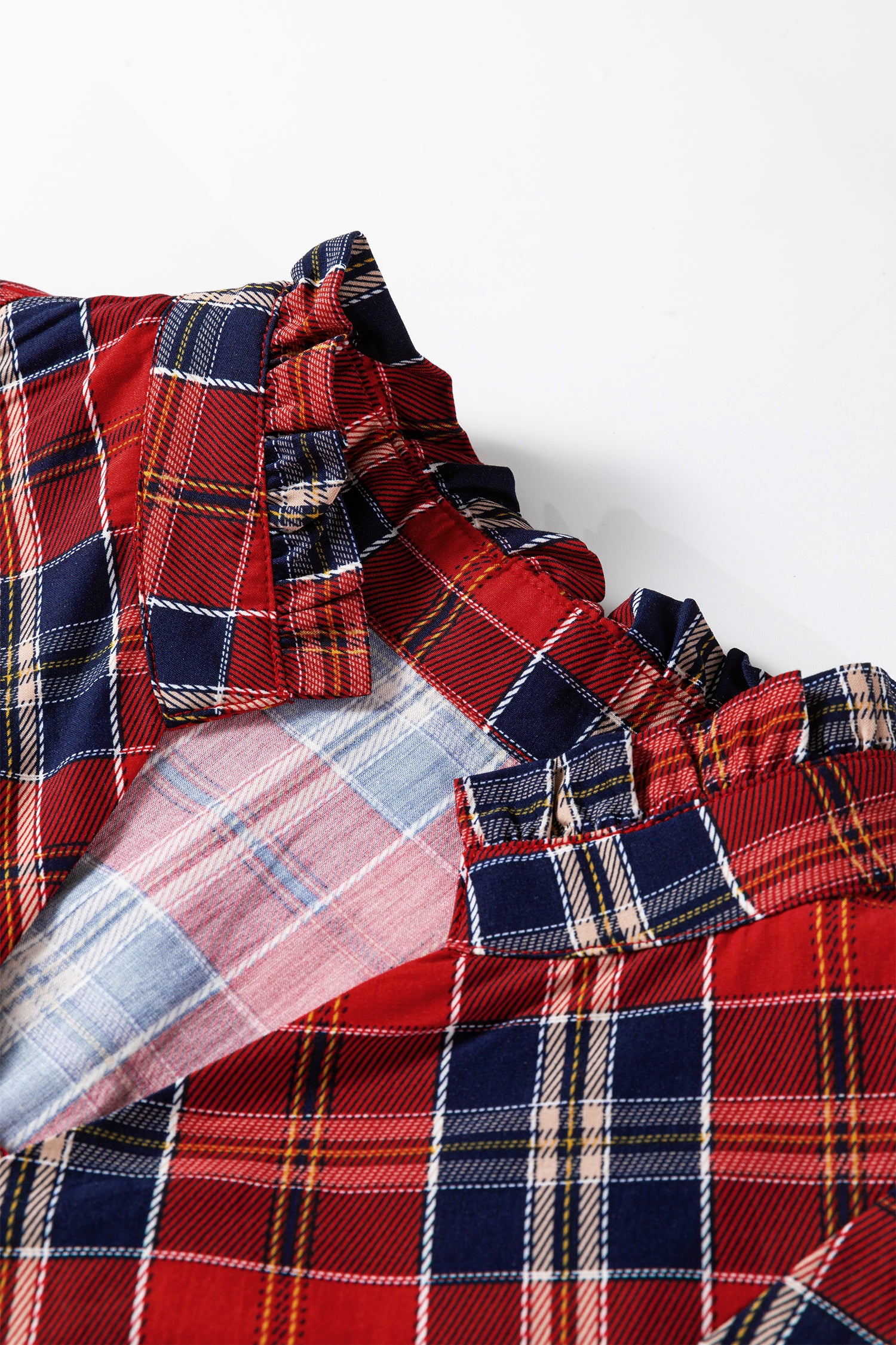 Green Plaid Print Frilly Collar Long Sleeve Shift Mini Dress