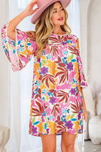 Pink Floral Print Lace Trimmed Tie Back Bell Sleeve Swing Mini Dress