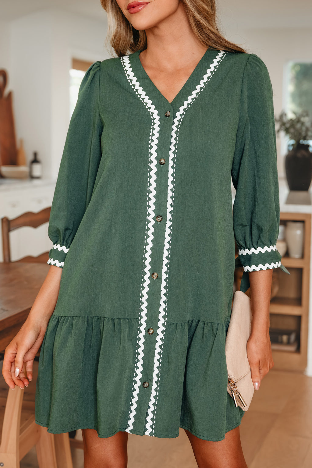 Canton Contrast Ricrac Trim Button V Neck Knotted Bracelet Sleeve Shift Dress