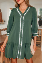 Canton Contrast Ricrac Trim Button V Neck Knotted Bracelet Sleeve Shift Dress