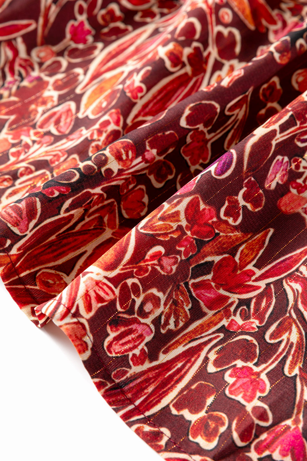 Red Floral Print Long Sleeve Shirred High Neck Loose Mini Dress