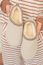 White Contrast Stitch Detail Faux Suede PU Patchwork Plush Winter Clog Slippers